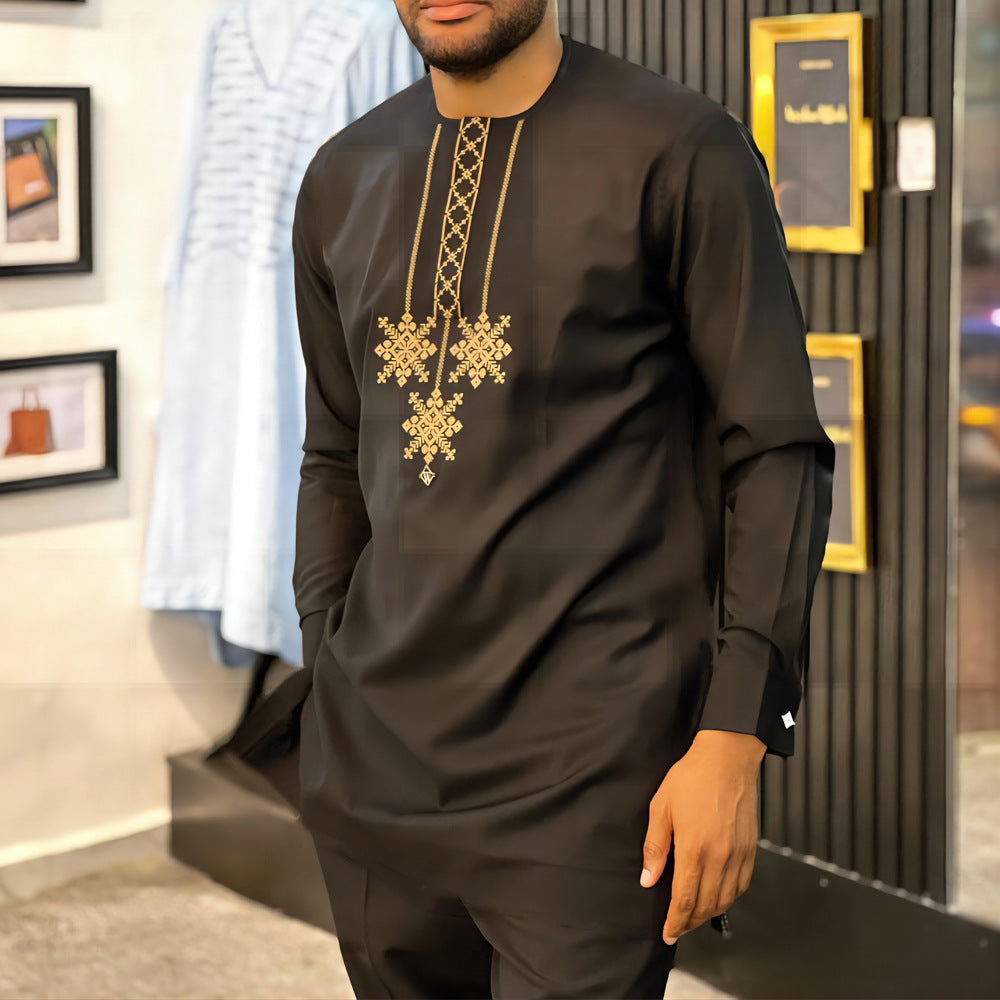 New African ethnic style men's embroidered shirt and solid color drawstring pants 2-piece set