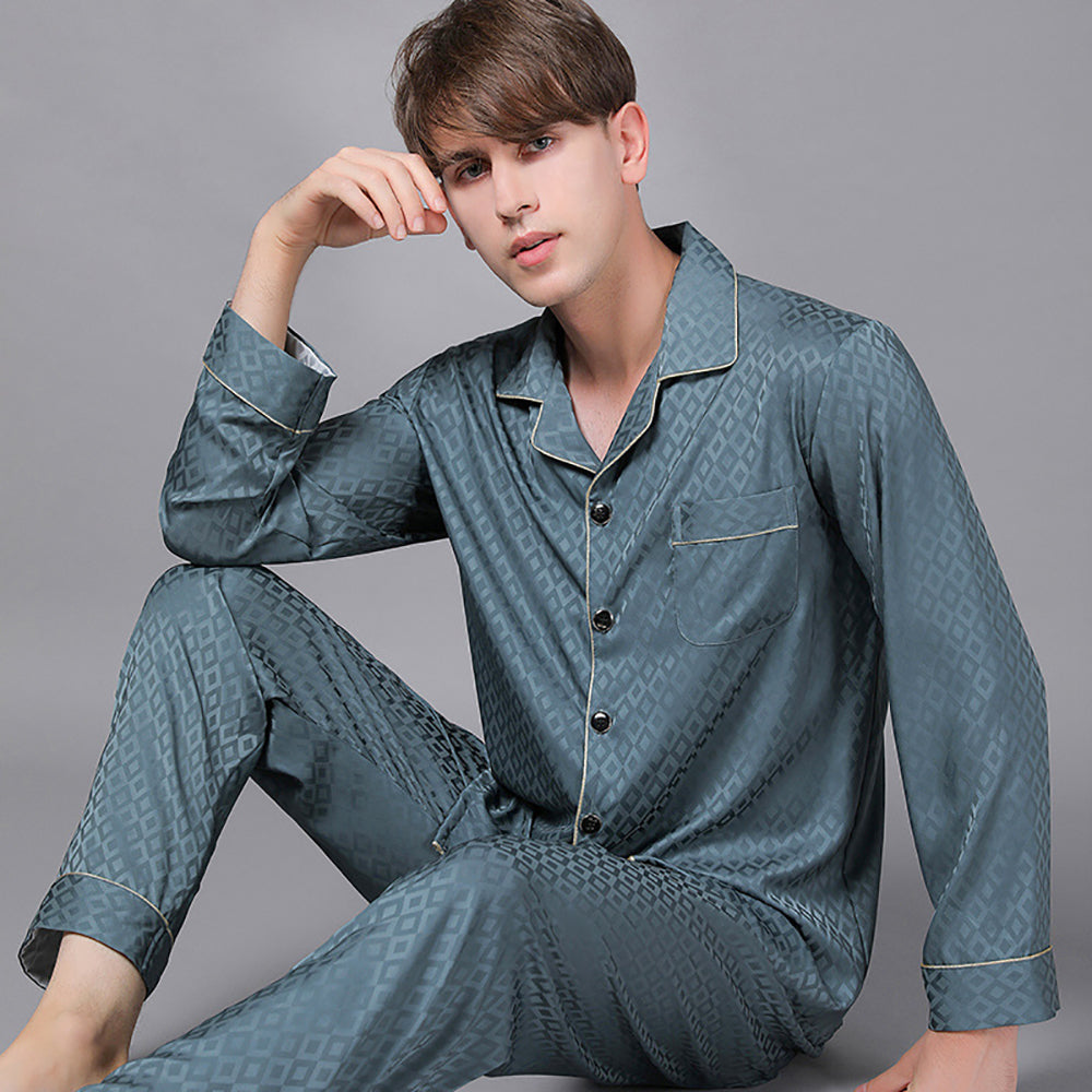 Men Trendyol Print Pajama Spring Summer Loose Comfort Pijama Sets Luxury Silk Pajamas Satin Long Sleeve Sleepwear pijama hombre