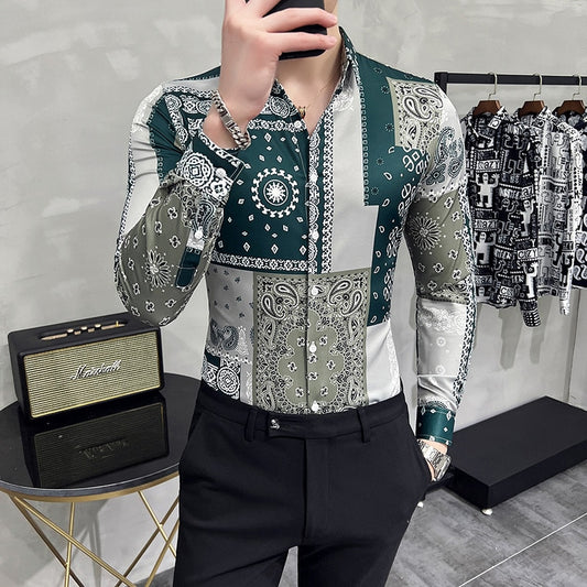 New Shirt Green Printing Shirt Men's Personalized Printing Long-sleeved Shirt