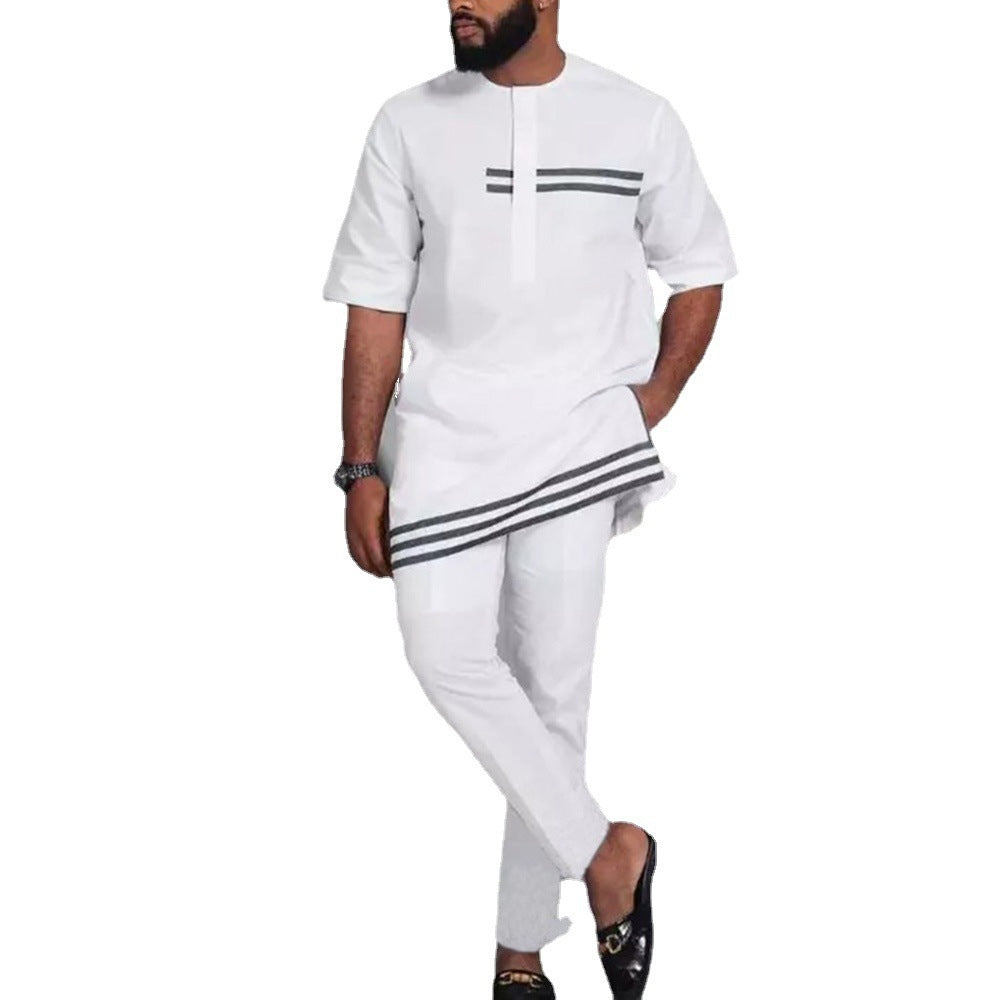 New African Ethnic Style Pure White Large Print Button Design Short Sleeve Men's Top+Pants