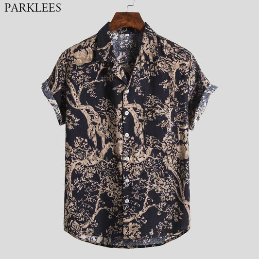 Vintage Casual Hawaiian Beach Scene Polyester Men's Shirt