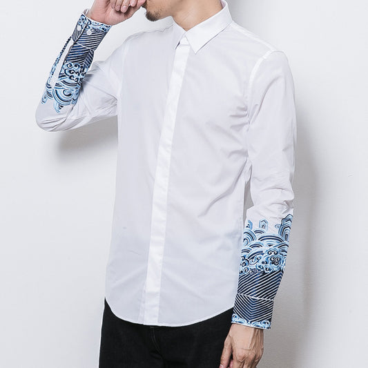 Spring and summer Chinese style embroidered thorn men's plus-size fat casual Tang style retro long-sleeved shirt undershirt youth, Chinese style embroidered thorn shirt, Tang style shirt, undershirt, shirt