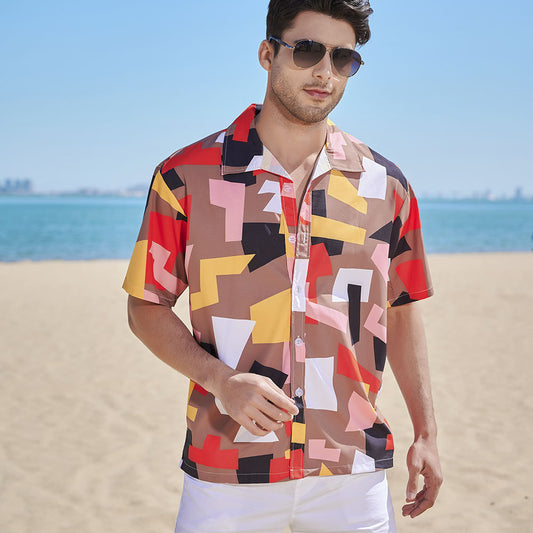 Men's New Floral Short-sleeved Hong Kong Style Shirt Hawaiian Style Retro Loose Flower Shirt