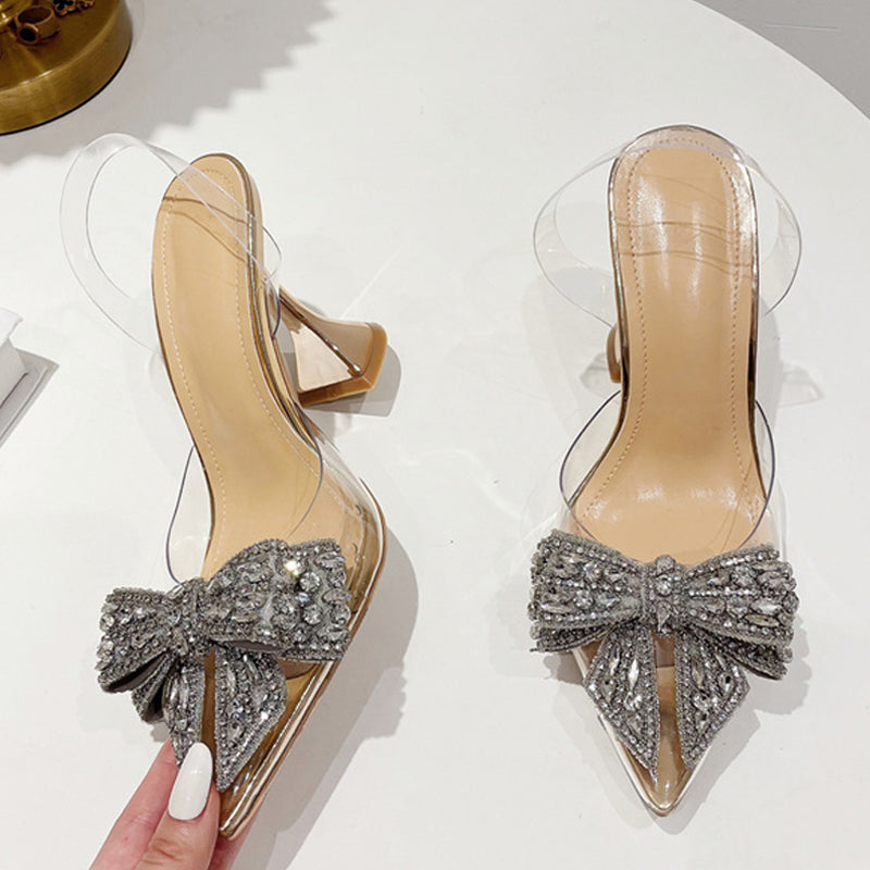 Fashion crystal sequin bow female pointed high heels wedding prom shoes ladies PVC transparent sandals