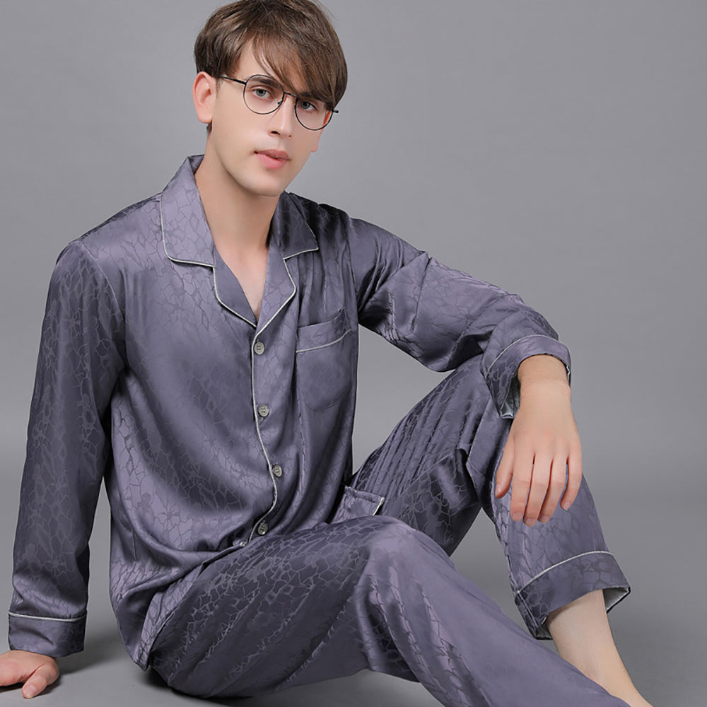 Men Trendyol Print Pajama Spring Summer Loose Comfort Pijama Sets Luxury Silk Pajamas Satin Long Sleeve Sleepwear pijama hombre