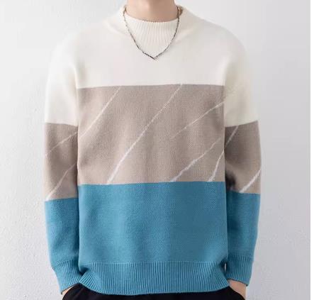 Round neck sweater men autumn and winter trendy brand color matching pullover warm bottoming shirt casual wool clothes knitted sweater men&#39;s