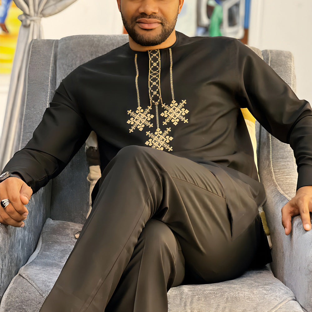 New African ethnic style men's embroidered shirt and solid color drawstring pants 2-piece set